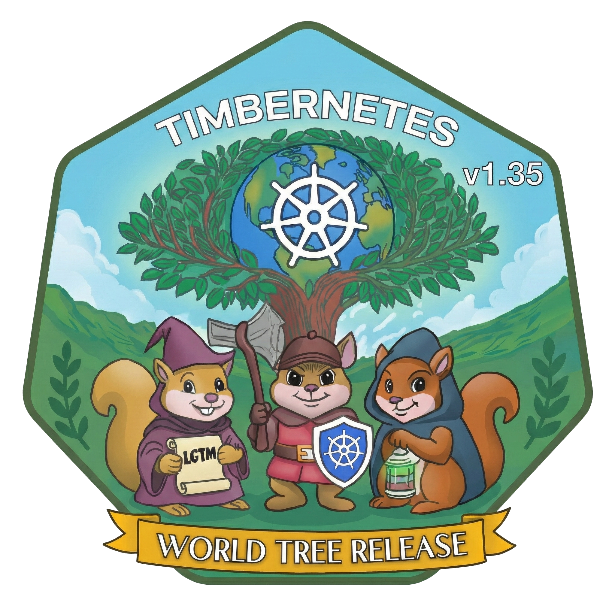 Kubernetes v1.35 Timbernetesロゴ：輝く世界樹の枝が地球と白いKubernetesホイールを抱く絵本風の六角形バッジ。下には3匹の陽気なリスが立っている—LGTMの巻物を持つプラム色のローブを着た魔法使い、斧と青いKubernetesの盾を持つ戦士、ネイビーのマントを着てランタンを運ぶ盗賊—緑の草の上、「World Tree Release」と書かれた金色のリボンの上に、柔らかな山々と雲が流れる空を背景にして